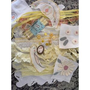 Slow‎ Stitch Yellow Fabric Lace Button Junk Journal Kit vintage